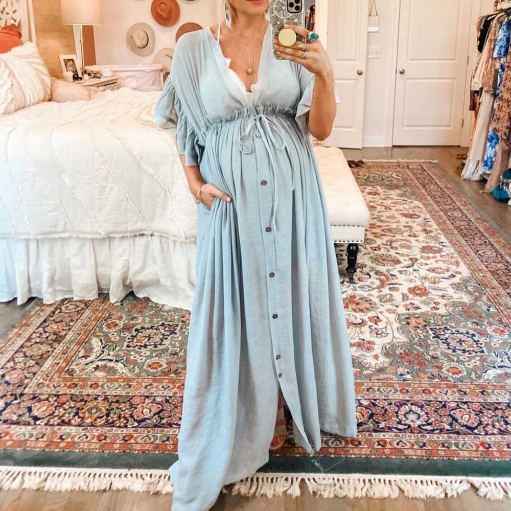 anika pocketed button down ruffle maxi dress